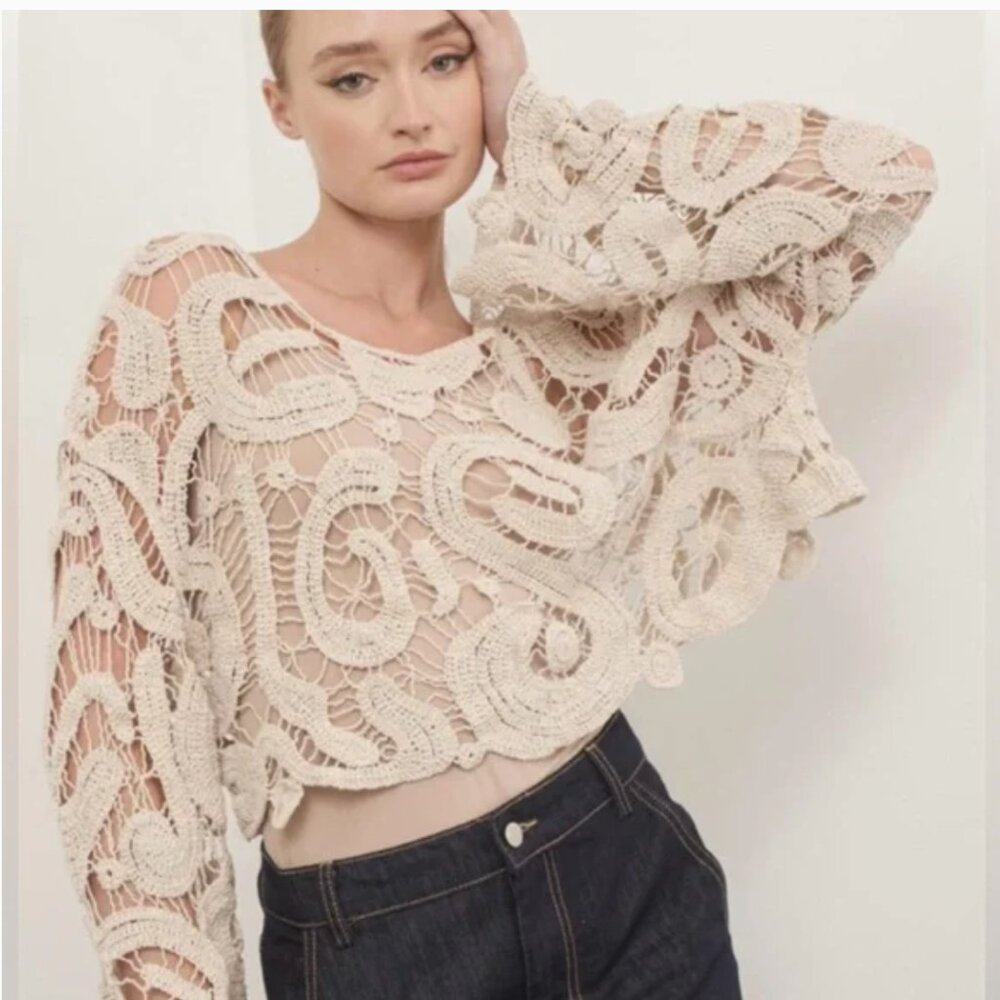 Miracle Boho Crochet Lace Crop Top Festival Sheer Long Sleeve Ivory M/L NEW - Picture 5 of 5